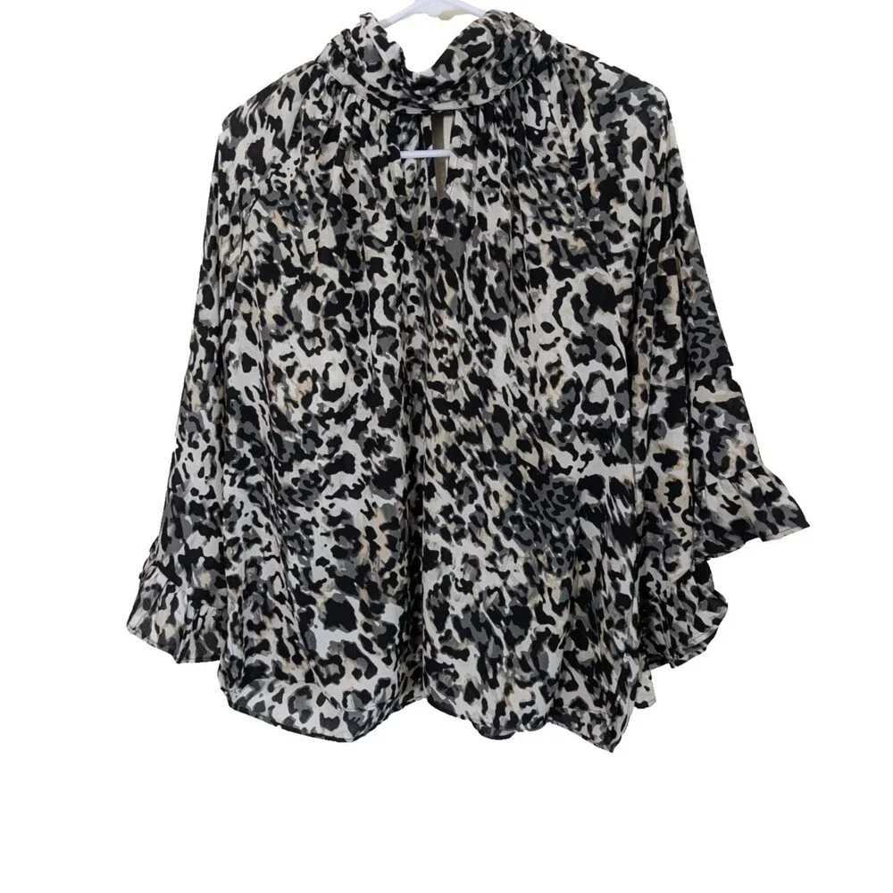 Vince Camuto Top Printed Mock-Neck Cutout Ruffle Sleeve Animal Print Size Large